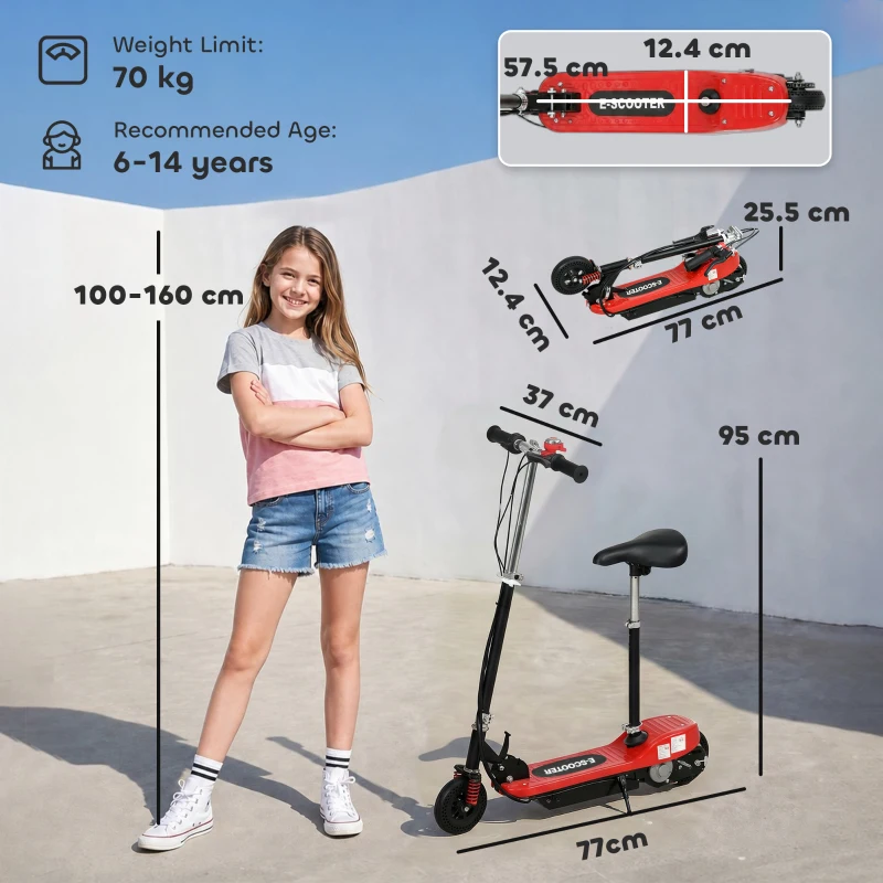 HOMCOM Steel Ride on Powered Scooter, Folding E-Scooter with Warning Bell, 15km/h Maximum Speed, for 6-14 Years Old, Red