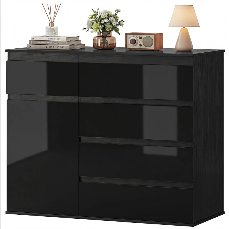 HOMCOM Modernes Sideboard, Stauraum-Sideboard mit 5 Schubladen, verstellbarem Regal, Soft-Close-Tür, Schwarz Hochglanz