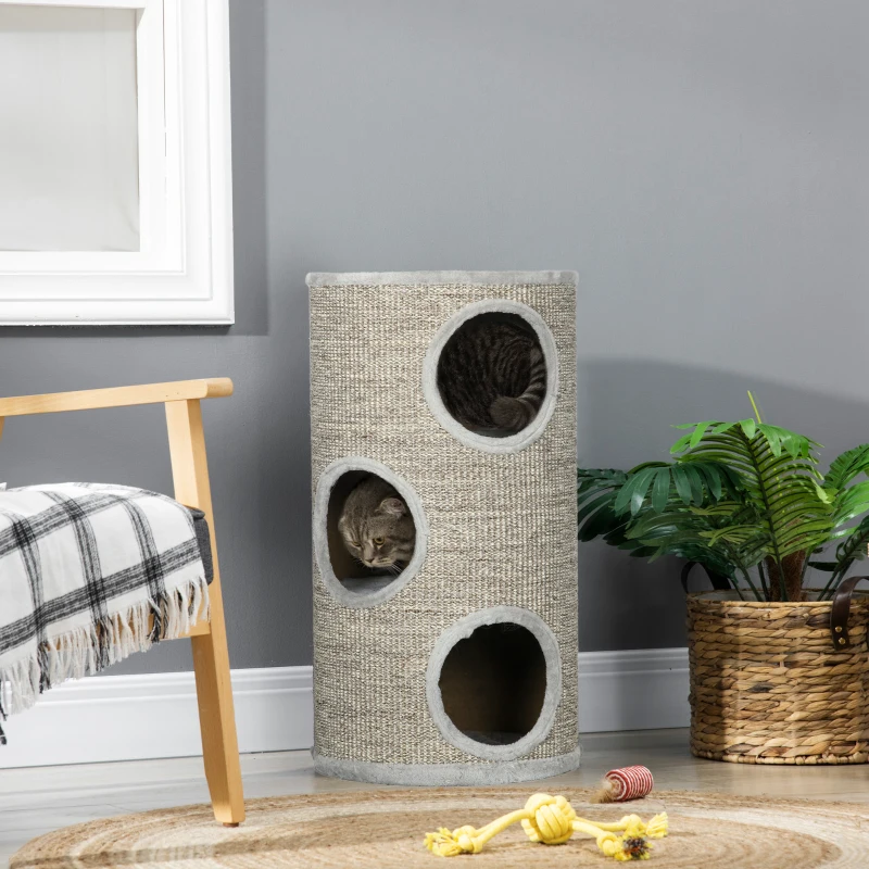 PawHut Tonneau à gratter pour chat, tour à griffer en sisal à 3 niveaux recouvert de peluche, Ø 38 x 70 cm, gris