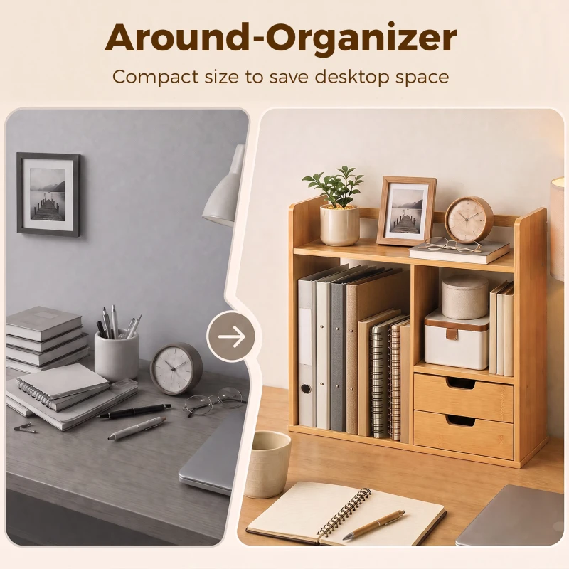 HOMCOM Organizator de Birou cu 2 Sertare și Rafturi pentru Documente, Bambus, 48x19,5x 46 cm, Culoare Lemn