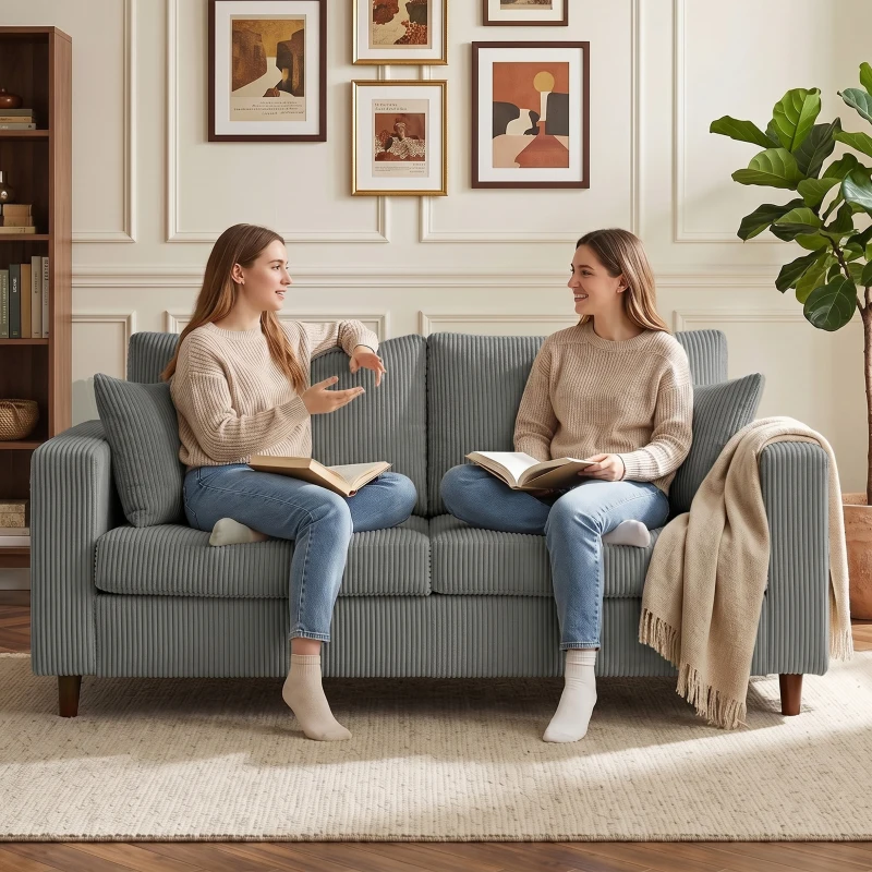HOMCOM Loveseat Sofa with Wide Seat, Corduroy 2 Seater Couch with Deep Seat, Spring Cushion, Light Grey