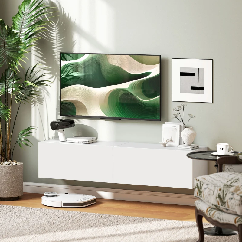 HOMCOM Mobile TV Sospeso per Televisori da 45"-55"-65" con 2 Armadietti e Ante a Ribalta, 140x33x29.8 cm, Bianco