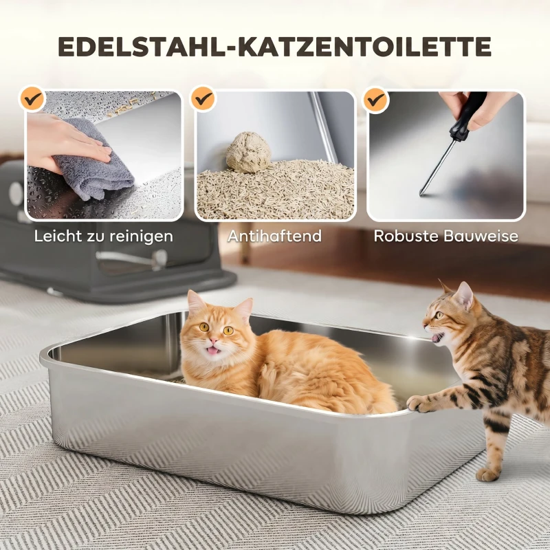 PawHut Katzenklo Edelstahl mit Deckel XXL 72L für große Katzen und Mehrere Katzen mit Doppeltüren Schaufel Pedal Anti-Leck