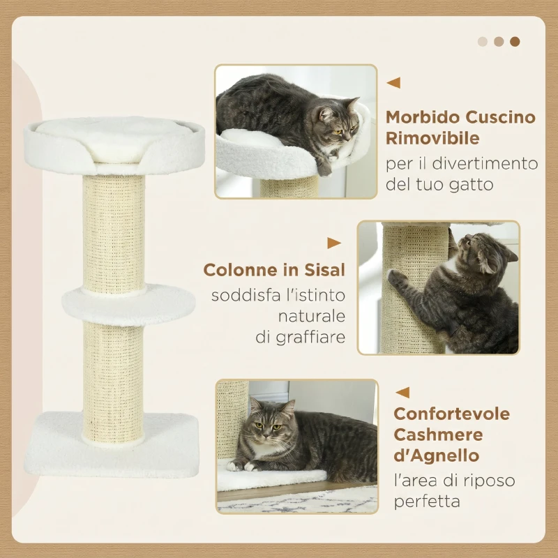 PawHut Tiragraffi per Gatti con Lettino, Rivestimento Peluche e Palo in Sisal, 45x45x91cm, Crema