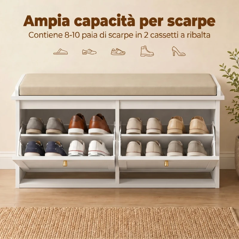 HOMCOM Panca Scarpiera con Cuscino Imbottito, 2 Cassetti Ribaltabili per 8-10 Paia di Scarpe, Bianco