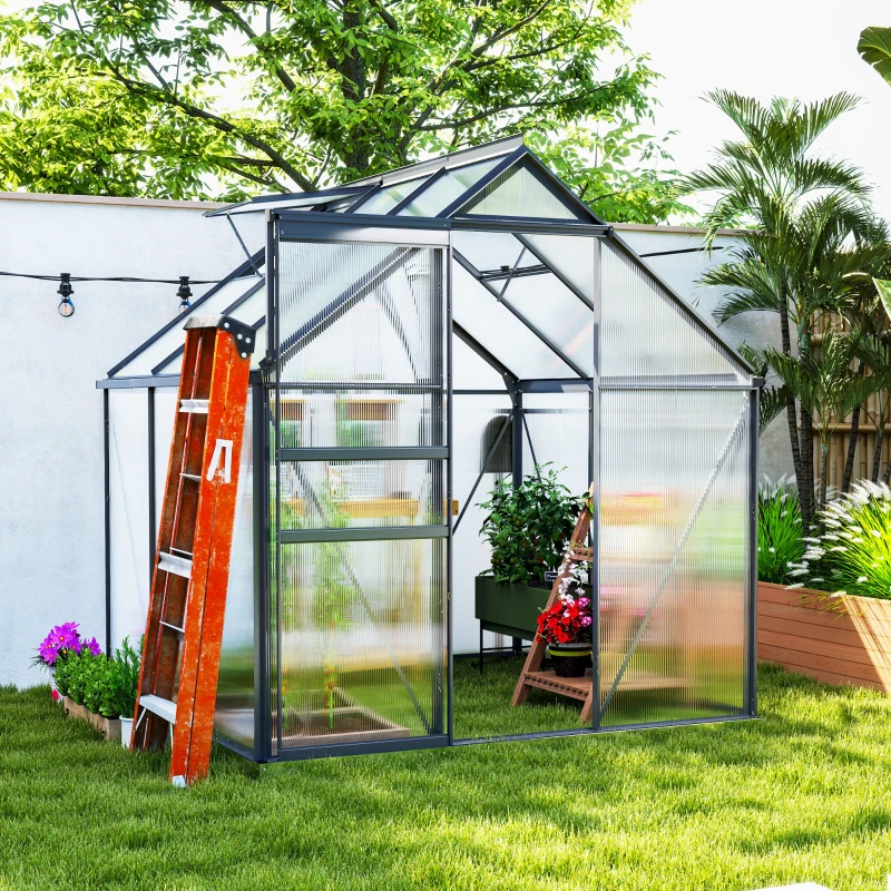 Outsunny Serra in Policarbonato e Alluminio con Porta a Battente e Finestra a Tetto, 3.6㎡, Grigio