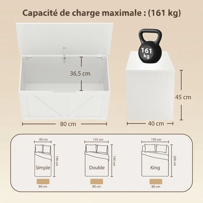 HOMCOM Coffre de rangement, banc de rangement avec couvercle rabattable et charnières de sécurité, 80 x 40 x 45 cm, blanc