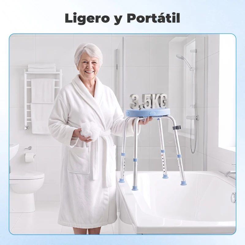 HOMCOM Taburete de Ducha Giratorio 360° Taburete Ducha con Marco de Aluminio y Altura Regulable en 5 Niveles Azul Claro