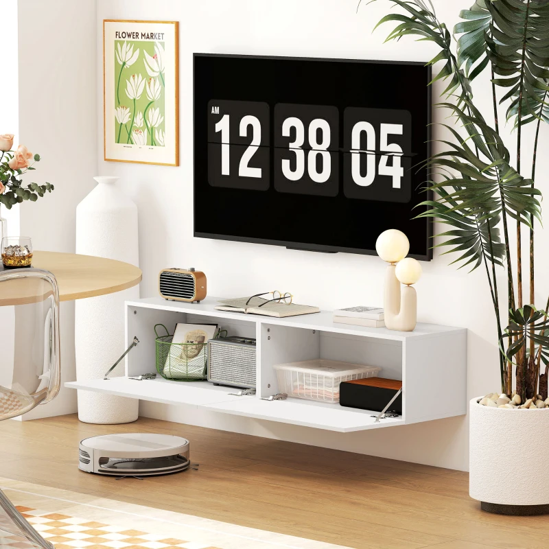 HOMCOM Dulap TV Suspendat pentru Televizoare de 45"-55"-65" cu 2 dulapuri și uși rabatabile, 140x33x29.8 cm, alb