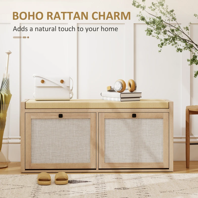 HOMCOM Rattan Shoe Bench with Padded Cushion and 2 Cabinets for Hidden Storage, Oak Wood Effect