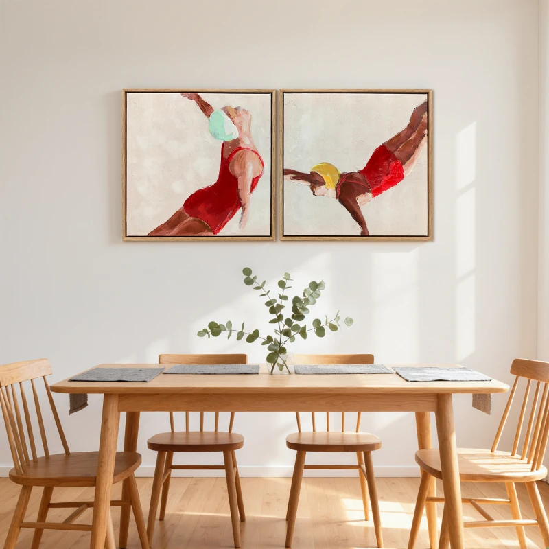 HOMCOM Cuadros en Lienzo Figuras Dinámicas a Mano 40x40 cm 2 Piezas Cuadros de Arte de Pared Enmarcados Rojo