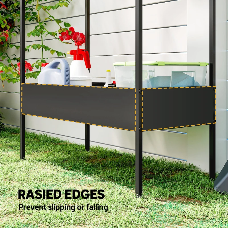 Outsunny 2 Tier Plant Stand, Outdoor Indoor Metal Plant Stand with Hook, House-Shaped Pots Holder Display Rack, Black