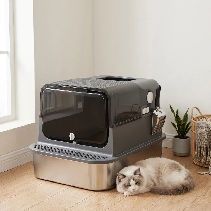 PawHut Katzenklo Edelstahl mit Deckel XXL 72L für große Katzen und Mehrere Katzen mit Doppeltüren Schaufel Pedal Anti-Leck
