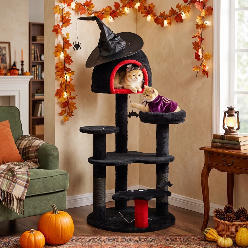PawHut Gothic Cat Tree, 155cm Cat Tower for Indoor Kittens, Multi-Level Stable Kitten Activity Centre, Black, Halloween