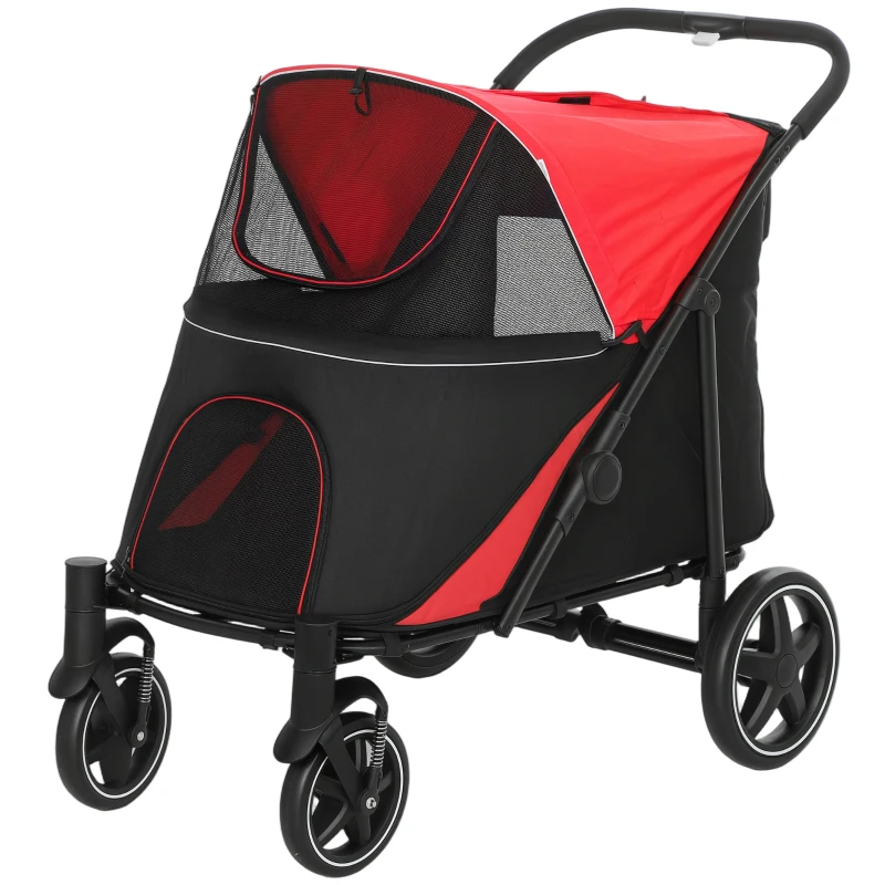 PawHut Carrinho para Cães Dobrável com Janelas de Malha Cinto de Segurança e Bolsos de Armazenamento 112x65x100 cm Vermelho