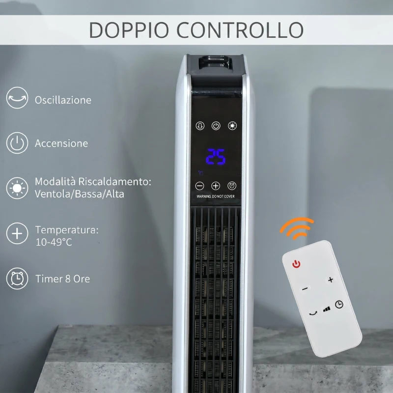 HOMCOM Riscaldatore Elettrica Ceramico 2200W con 3 Modalità, Timer 8 Ore, Telecomando, Pannello LED, Bianco