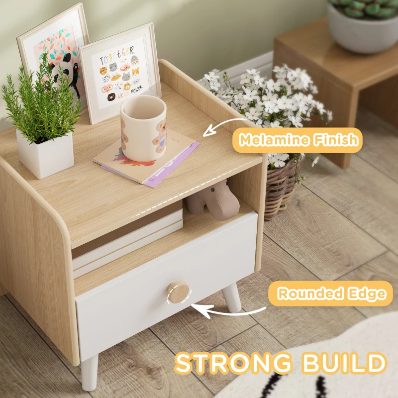 AIYAPLAY Kids Bedside Table with Drawer and Open Storage Shelf, Wooden Nightstand for Bedroom, Bedside Cabinet, White