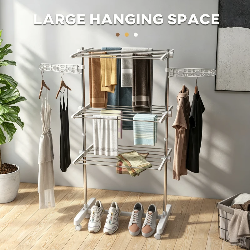 HOMCOM 3-Tier Clothes Airer, Stainless Steel Foldable Clothes Drying Rack with Wheels and Wings, Indoor and Outdoor, Easy Assembly, 142 x 55 x 152cm, White