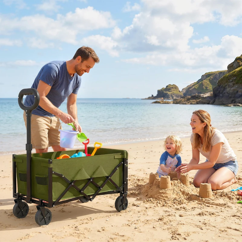 Outsunny 60L Foldable Festival Trolley on Wheels, Collapsible Wagon Cart with Drop-Down Tailgate, Adjustable Handle, Green