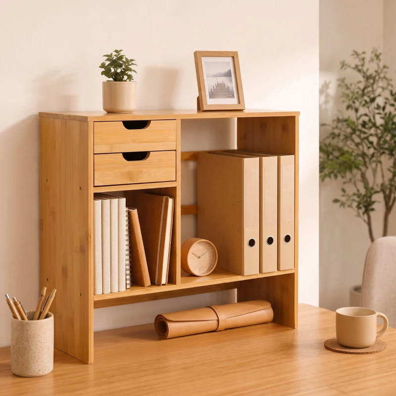 HOMCOM Organizator de Birou cu 2 Sertare și Rafturi pentru Documente, Bambus, 48x19,5x 46 cm, Culoare Lemn