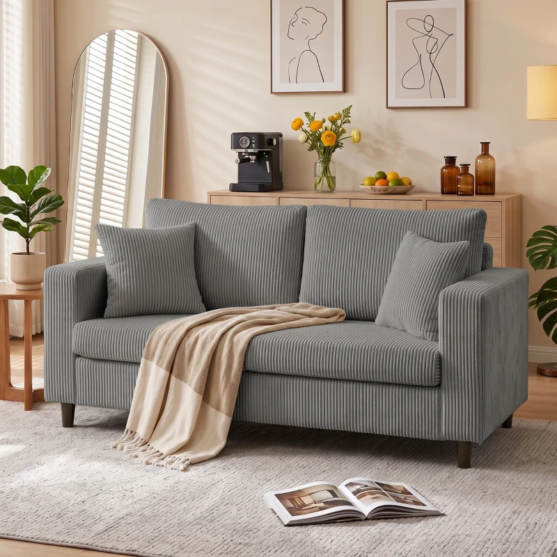 HOMCOM Loveseat Sofa with Wide Seat, Corduroy 2 Seater Couch with Deep Seat, Spring Cushion, Light Grey