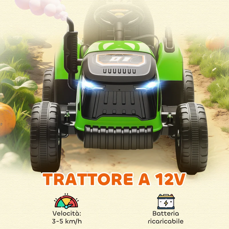 AIYAPLAY Trattore Elettrico per Bambini con Rimorchio Staccabile e Telecomando, in Plastica e Metallo, 139x58x55 cm, Verde