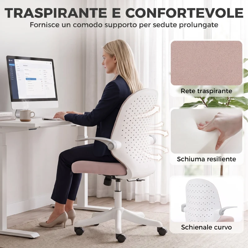 HOMCOM Sedia da Ufficio in Rete con Braccioli Ribaltabili, Altezza Regolabile e Ruote, Rosa e Bianco