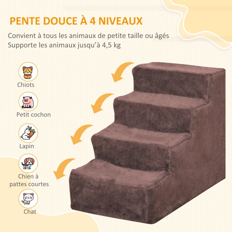 PawHut Escalier pour chien à 4 marches escalier pour chat échelle antidérapante pour animaux 60 x 35 x 44 cm marron
