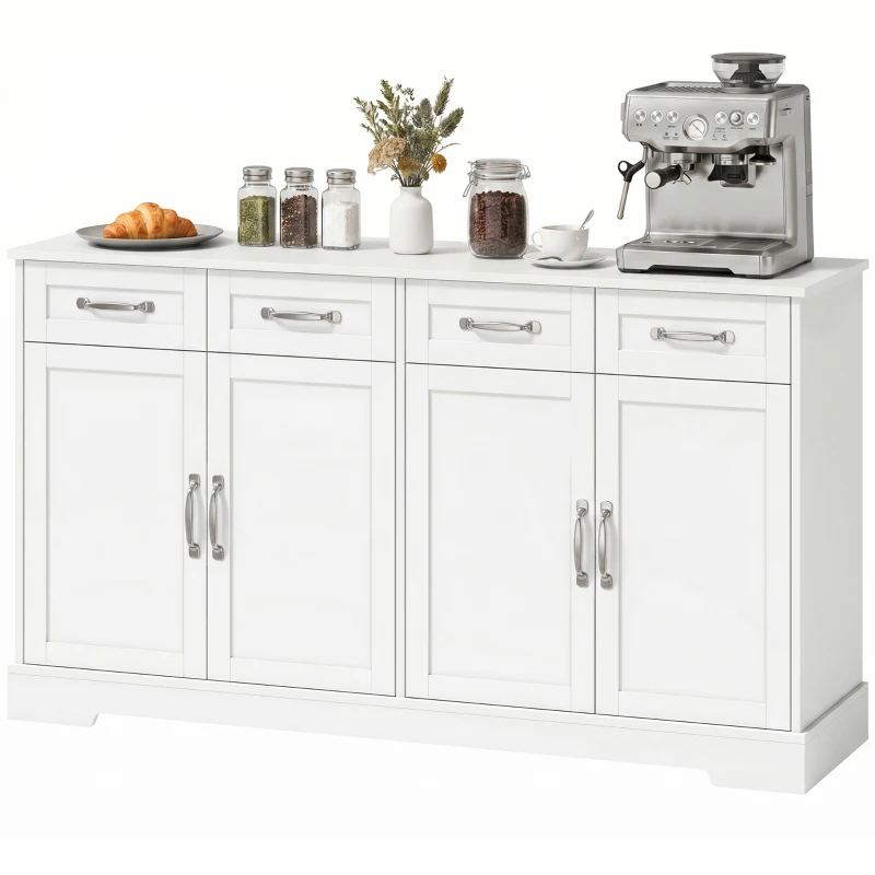 HOMCOM Credenza da Cucina con 4 Cassetti e 4 Ante in Stile Country, 140x38x80 cm, Bianco