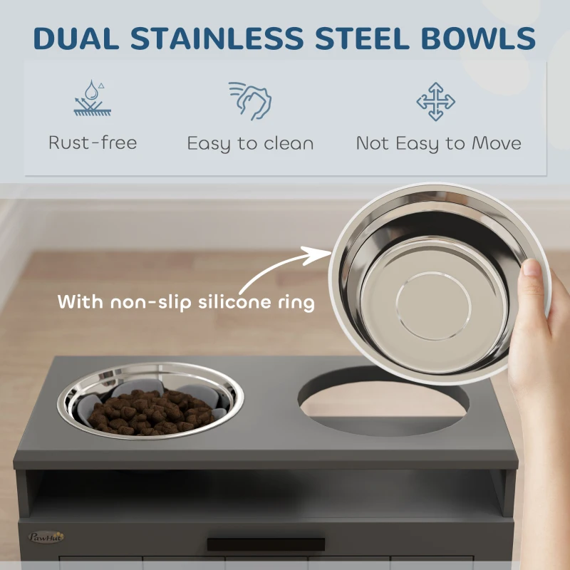 PawHut Raised Dog Bowl with Slow Feeder, Two Stainless Steel Dog Bowls, Drawer, for Large and Extra Large Dogs, Grey