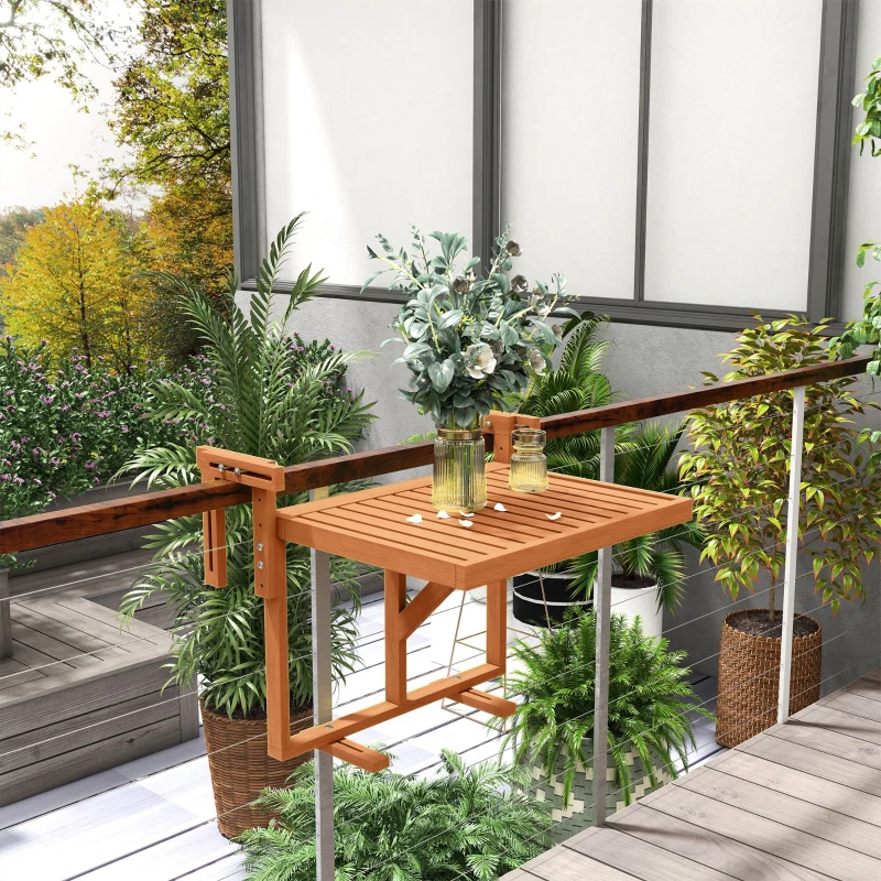 Outsunny Mesa Colgante para Balcón Plegable de Madera con Altura Ajustable en 4 Niveles Carga 20 kg 68x65x40,5-55 cm Natural