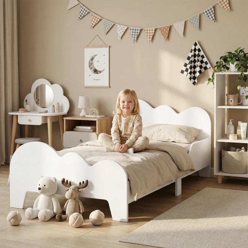 AIYAPLAY Letto Montessori per Bambini 3-8 Anni, 143.5x74.5 cm con Sponde Anti-Caduta, Forma di Nuvola in Legno, Bianco