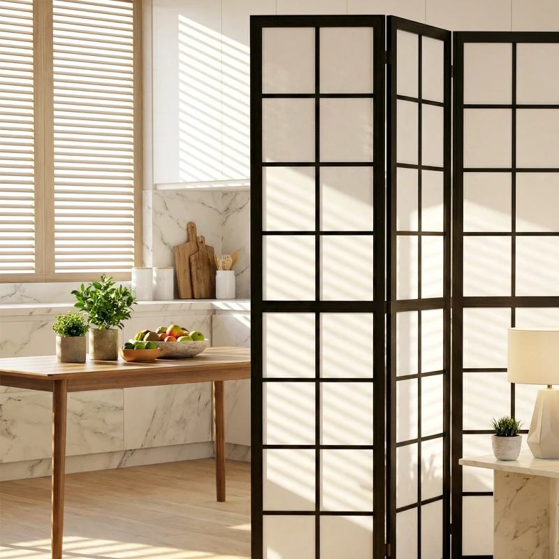 HOMCOM Paravento da Interno a 4 Pannelli Pieghevole in Legno e Tessuto, 160x170 cm, Nero e Bianco