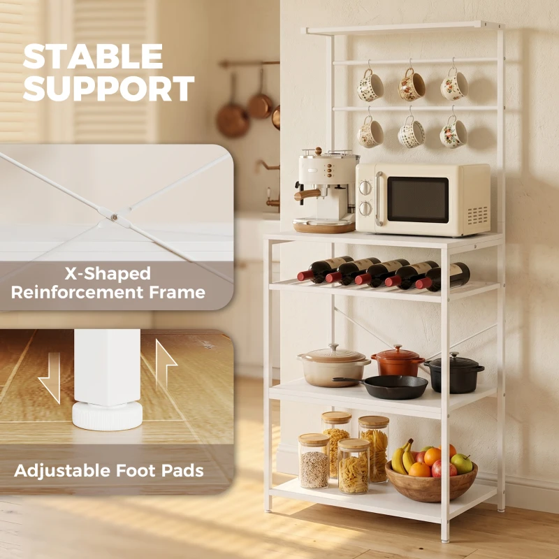 HOMCOM Freestanding Shelving Unit, Industrial Storage Shelf with 6 Hooks and Wine Rack for Living Room, Home Office, White