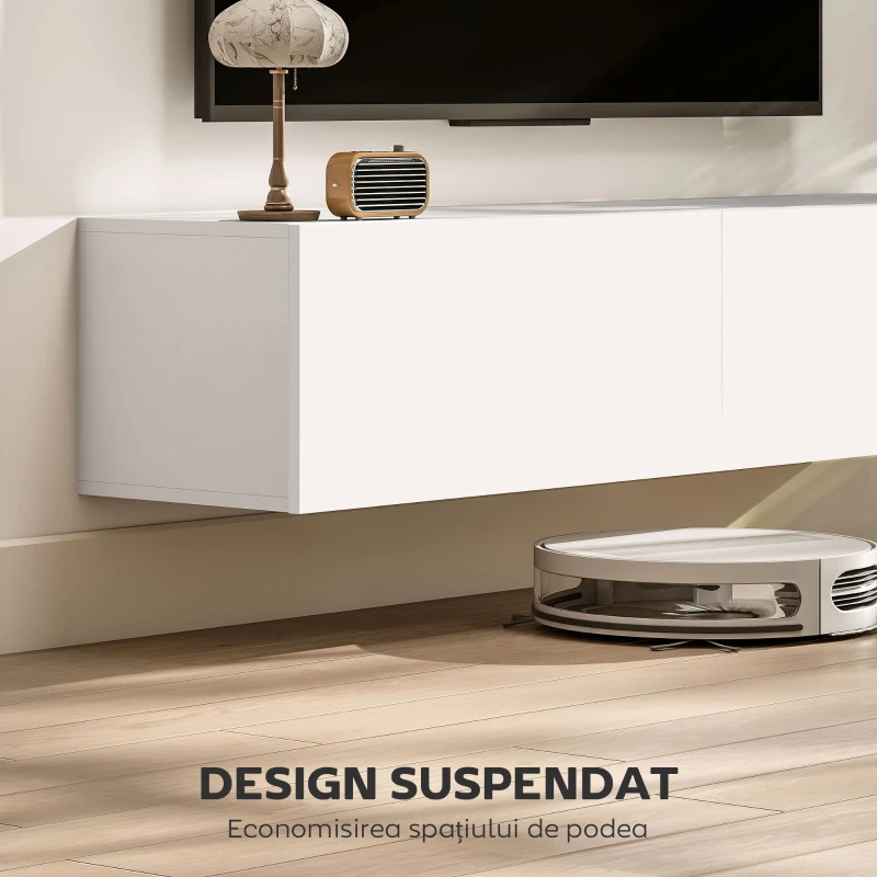 HOMCOM Dulap TV Suspendat pentru Televizoare de 45"-55"-65" cu 2 dulapuri și uși rabatabile, 140x33x29.8 cm, alb