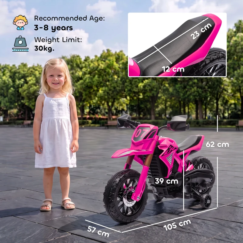 AIYAPLAY Moto Elettrica per Bambini 3-8 Anni con 12V Doppi Motori, Rotelle e Clacson, 3 km/h, Capacità 30kg, Rosa