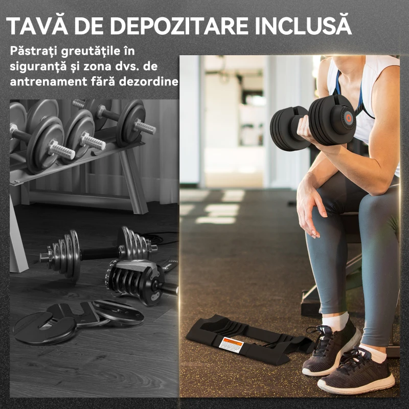 SPORTNOW Kit Greutăți Ajustabile cu Suport pentru Ganteră și Mânere Antialunecare, din Oțel și ABS, 33x16x16 cm, Negru
