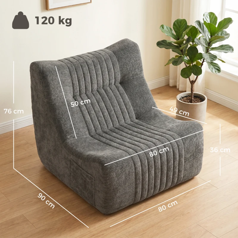 HOMCOM Canapé Paresseux Chaise de Sol à Silhouette Papillon avec Poches Latérales, sans Assemblage, 80x90x76cm, Gris Châtaigne