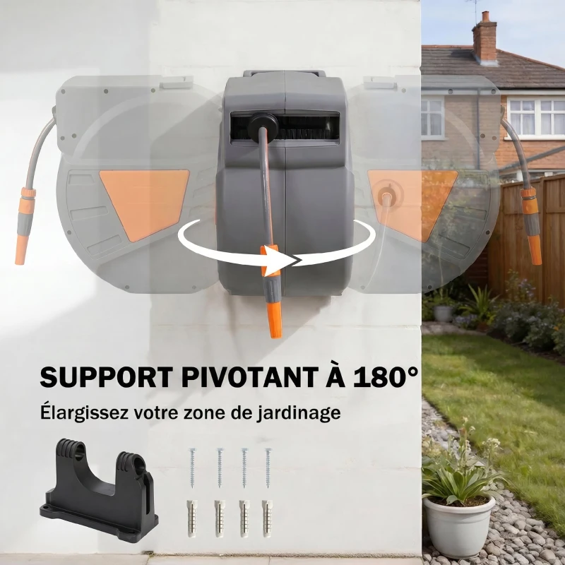 Outsunny Enrouleur Tuyau Arrosage Mural 40+2 m x Ø 15mm, Dévidoir de Tuyaux d'Eau Rétractable Automatique Pivotant à 180°, Orange