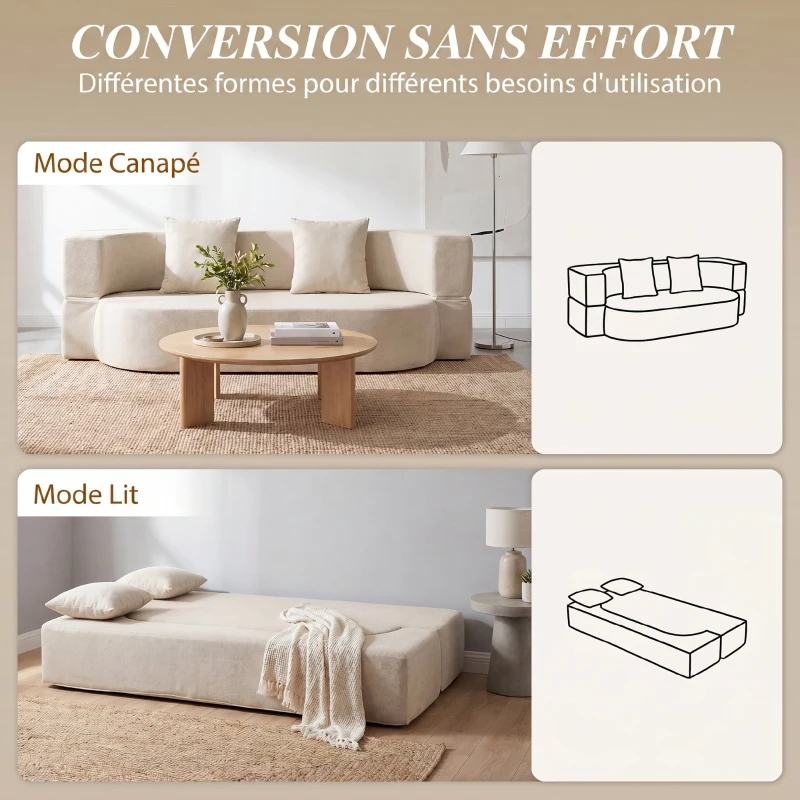 HOMCOM Canapé Convertible 2 Places, Canapé-Lit en Chenille 190cm, Dossier Rabattable, Assise et Accoudoirs Larges, Beige