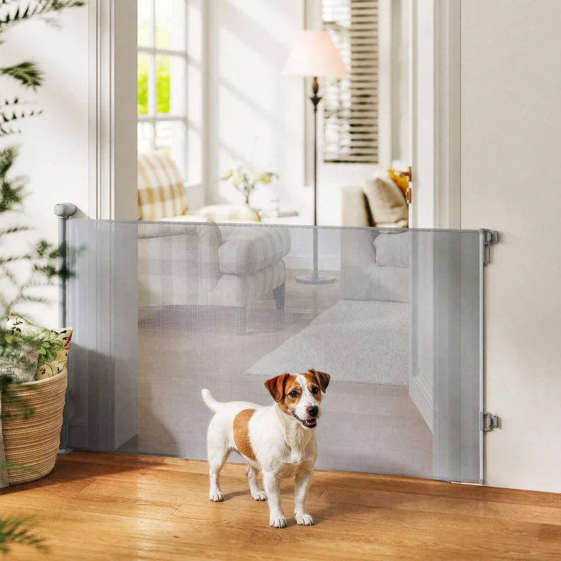 PawHut Retractable Stair Gate Extends Up to 140 cm Wide, Dog Gate for Doorways, Stairways, Hallways, Grey