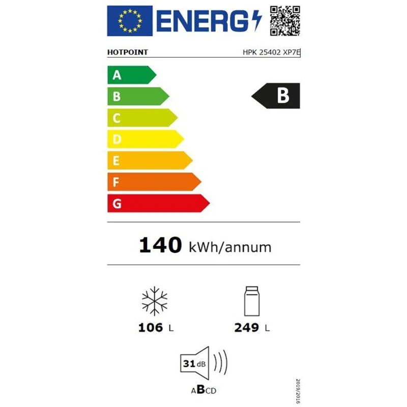 Réfrigérateur combiné - HOTPOINT - HPK25402XP7E - Classe B - 355 L - 59,5 x 66,3 x 203,5 cm - Titanium Inox