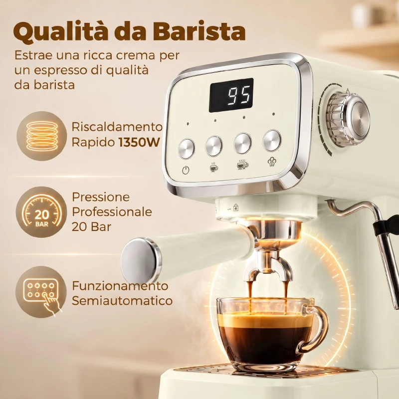 HOMCOM Macchina Caffè Espresso Semiautomatica 20 Bar 1350W, Lancia Montalatte, 1 o 2 Tazze, Acqua Calda, Scaldatazze