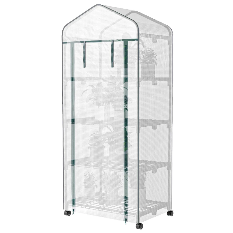 Outsunny 4 Tier Mini Portable Greenhouse Compact Plant Grow Shed Metal Frame PE Cover with Lockable Rolling Wheels, White