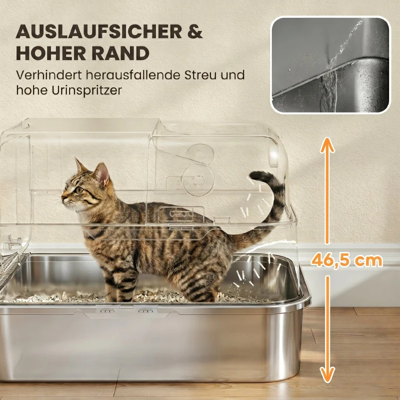 PawHut Katzenklo Edelstahl mit Deckel XXL 72L für große Katzen und Mehrere Katzen mit Doppeltüren Schaufel Pedal Anti-Leck