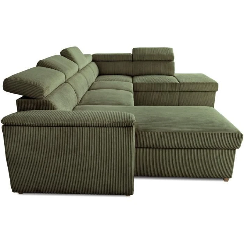Canapé d'angle convertible panoramique 5 a 6 places DAYTONA - Velours côtelé kaki - Avec coffre - L 326 x H 94 x P 216 cm