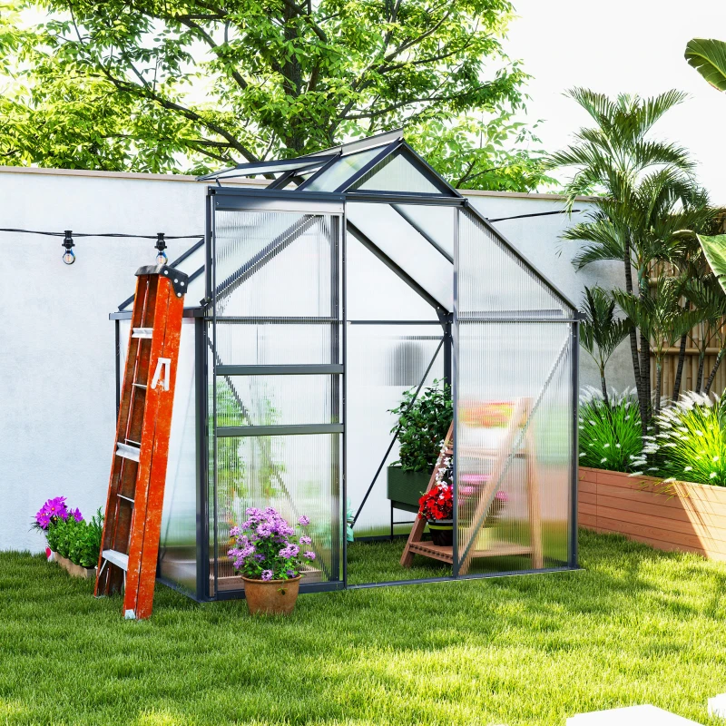 Outsunny Serra in Policarbonato e Alluminio con Porta a Battente e Finestra a Tetto, 192.5x131x200 cm, Grigio