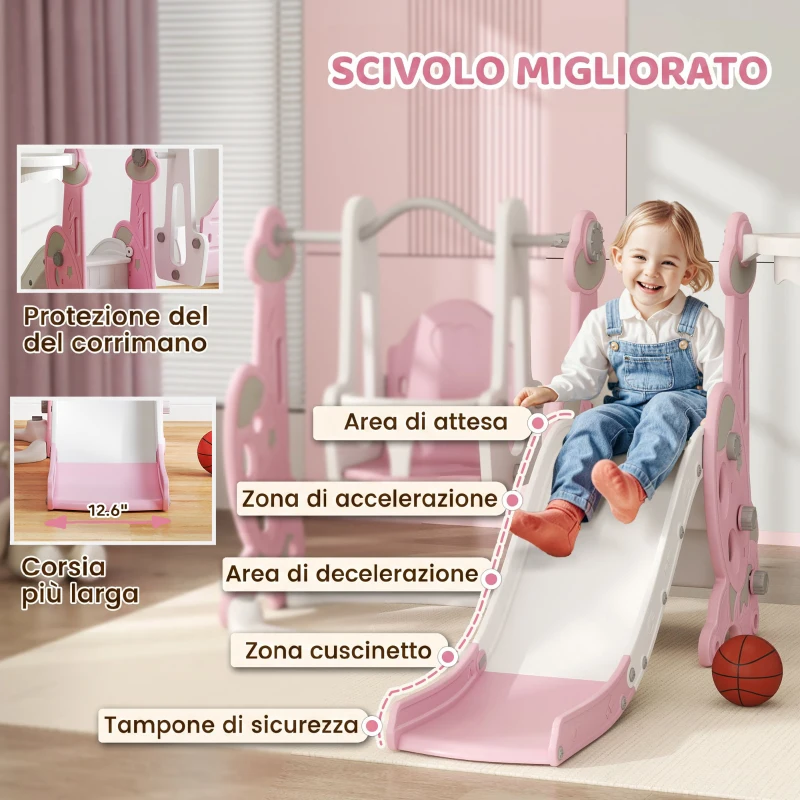 AIYAPLAY Scivolo per Bambini 4 in 1 con Altalena, Scaletta da Arrampicata e Cestino da Basket, 18-48 Mesi, Rosa