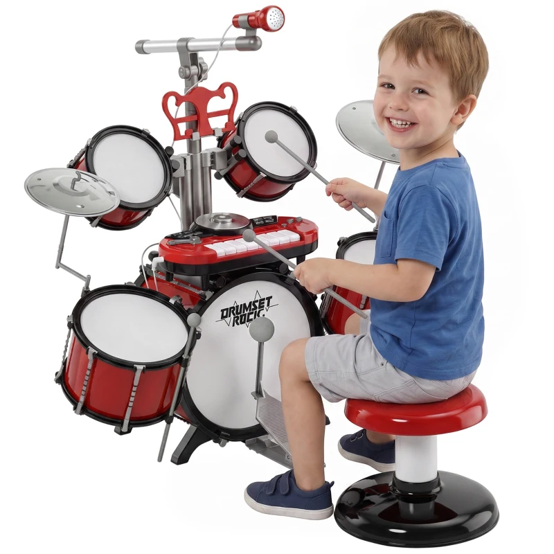 HOMCOM Kit de Batterie pour Enfants avec Tabouret, Clavier Électronique, Microphone, Connecté via USB, 77,5x40x76,5cm, Rouge(m-16)