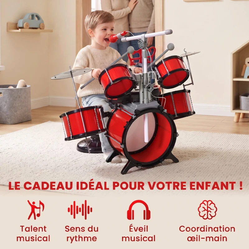 HOMCOM Kit de Batterie pour Enfants avec Tabouret, Clavier Électronique, Microphone, Connecté via USB, 77,5x40x76,5cm, Rouge(m-4)